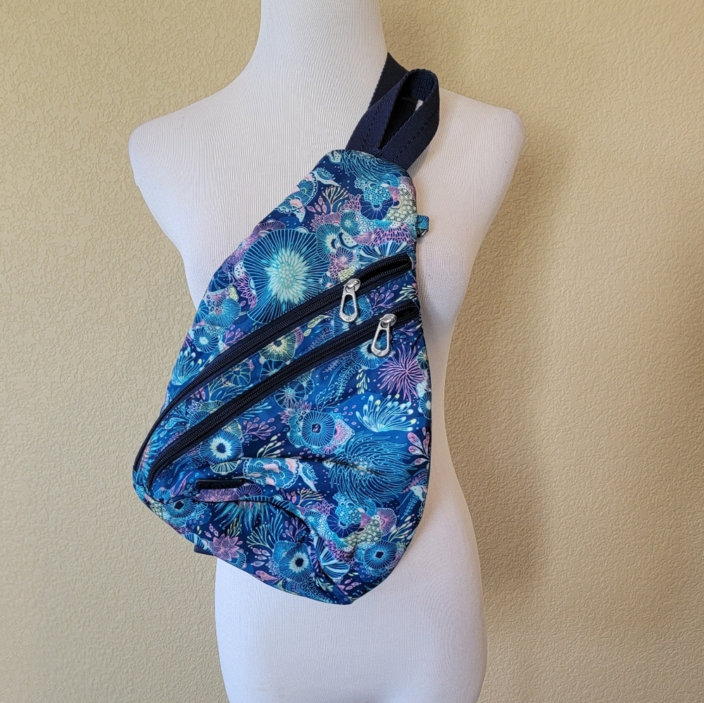 Sakroots On The Go Sling Backpack in Royal Blue Seascape